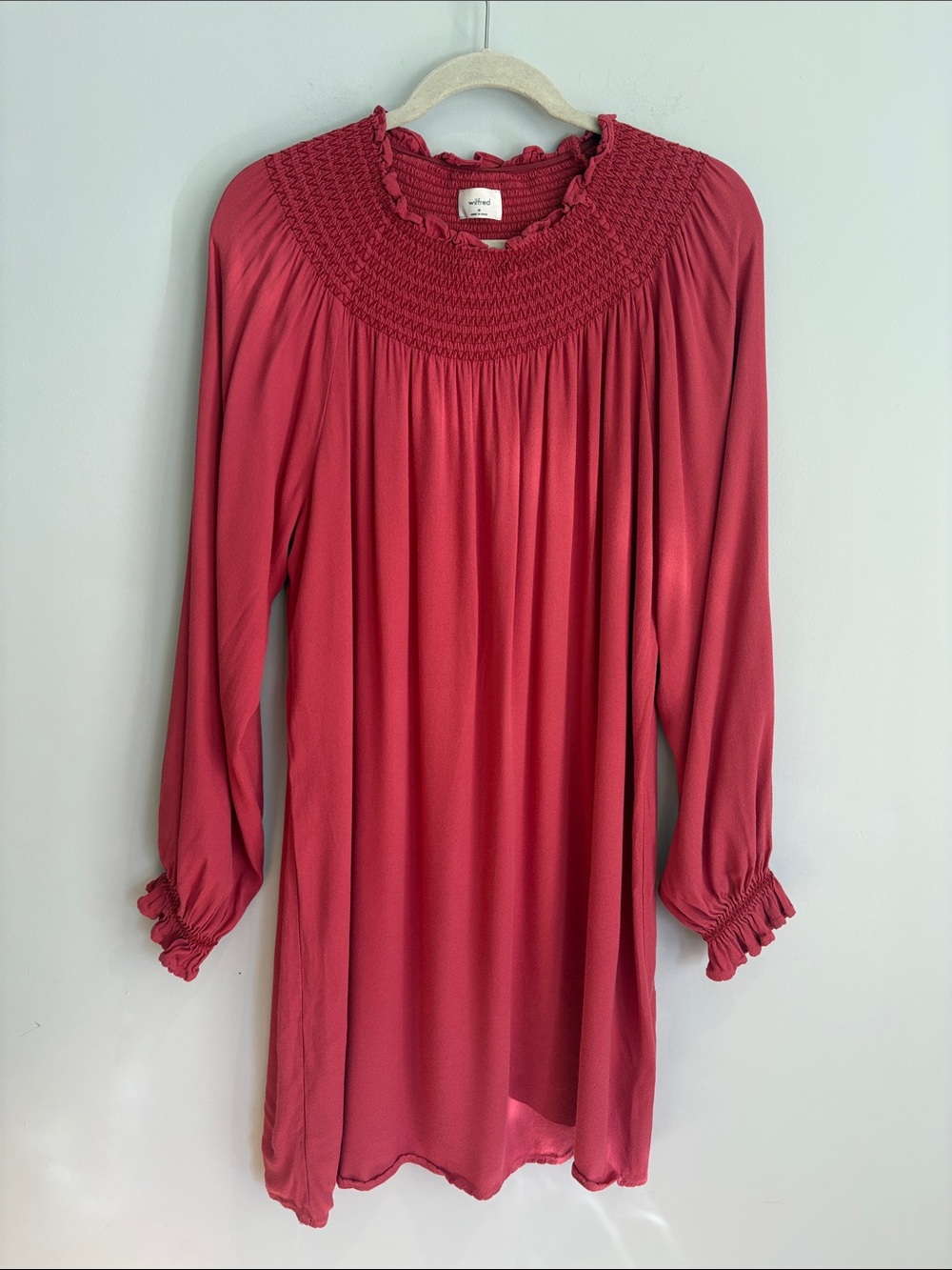 Aritzia Wilfred Smocked Long Sleeve Mini Dress – Coral Red